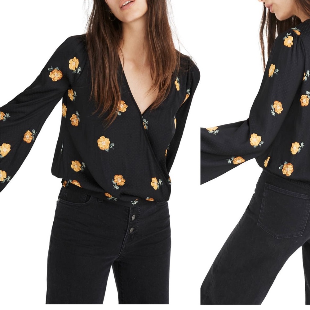 Madewell bubble sleeve wrap top yellow flowers black size xxs